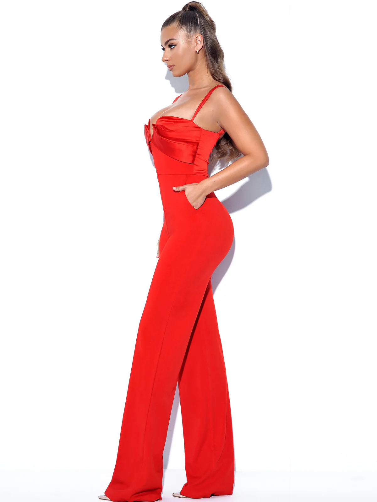 Red Satin & Crepe Jumpsuit