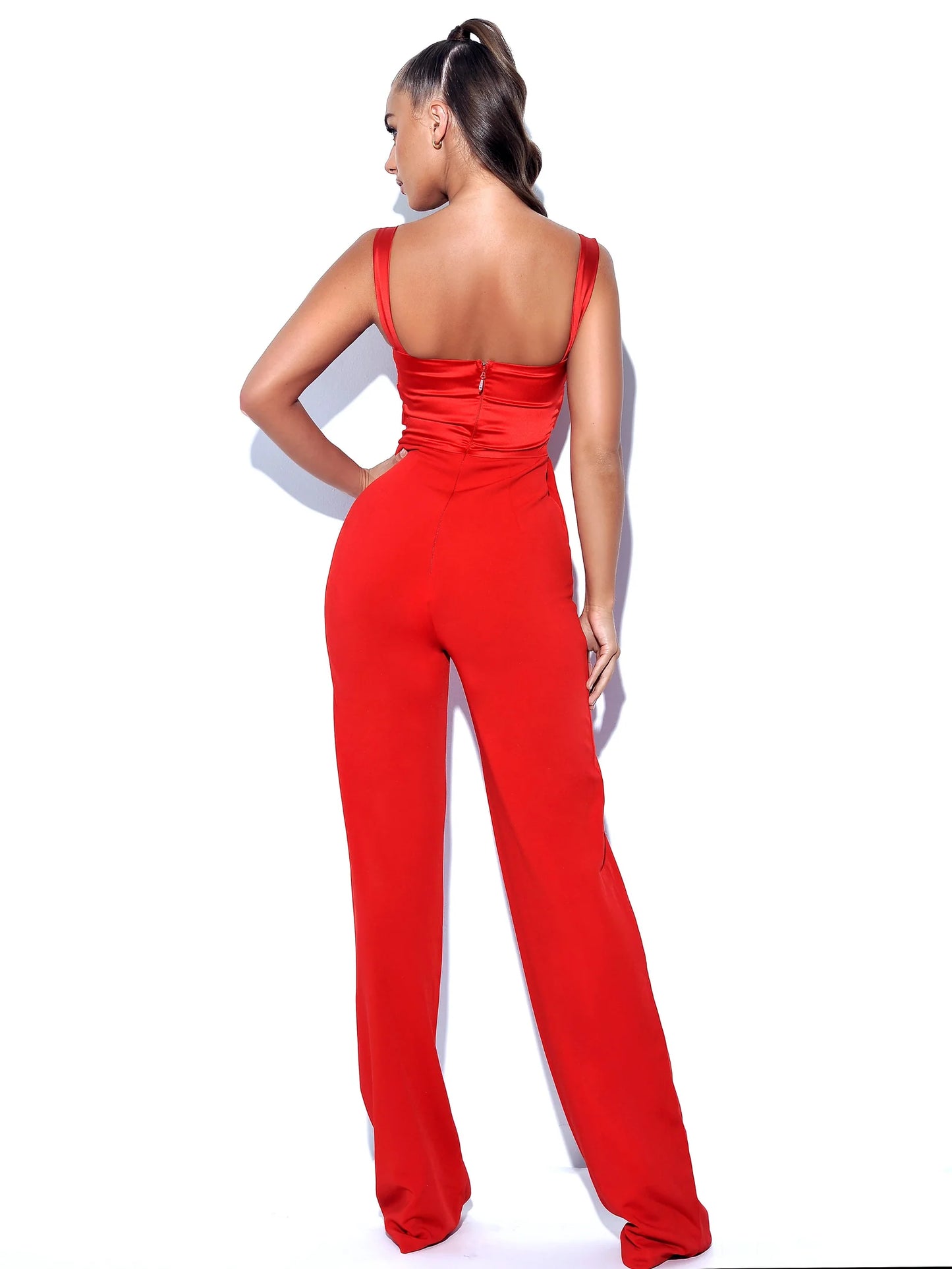 Red Satin & Crepe Jumpsuit