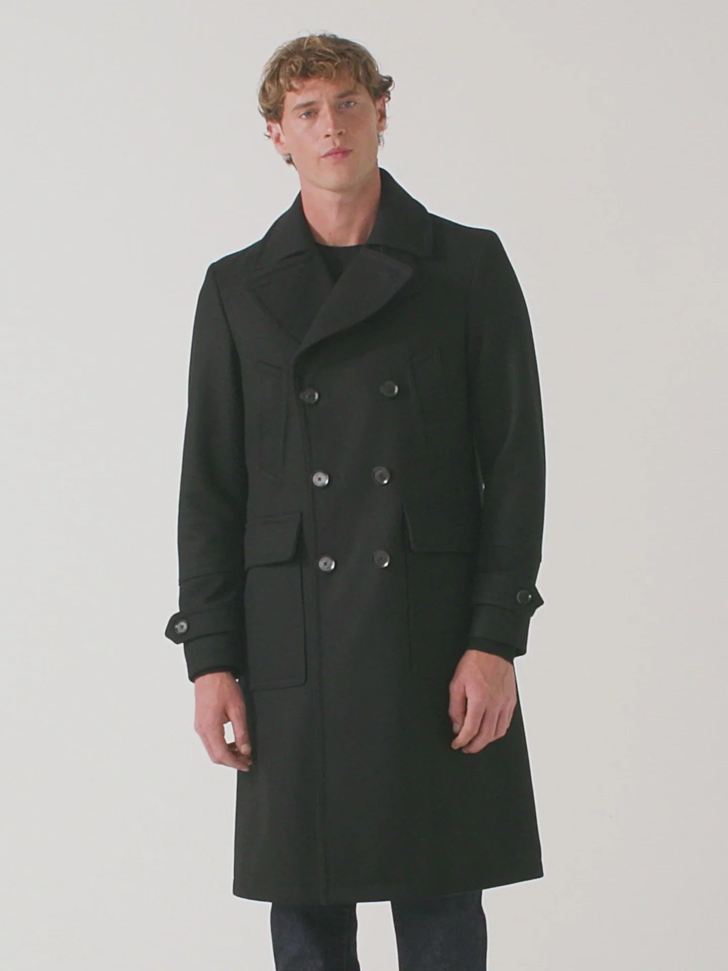 Men’s black button up trench coat