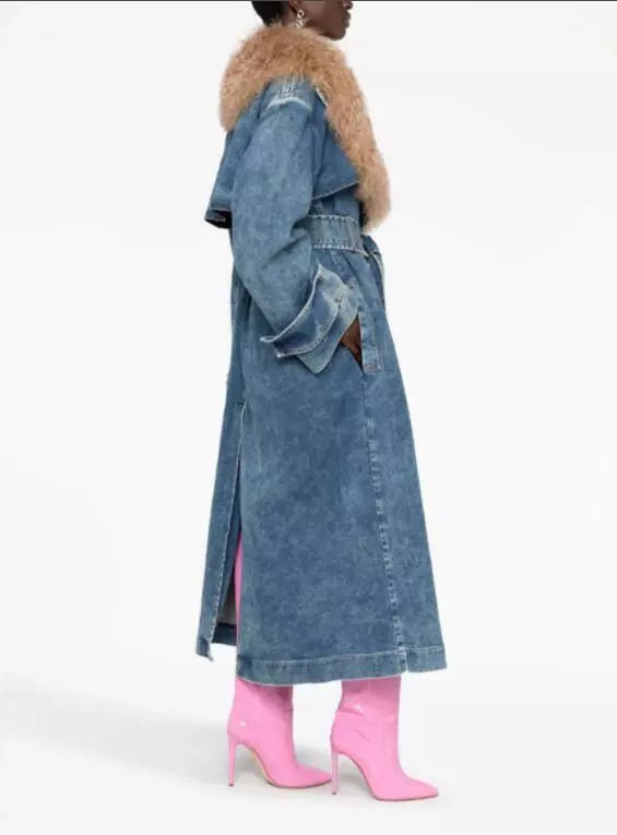 Fur Denim Trench Coat