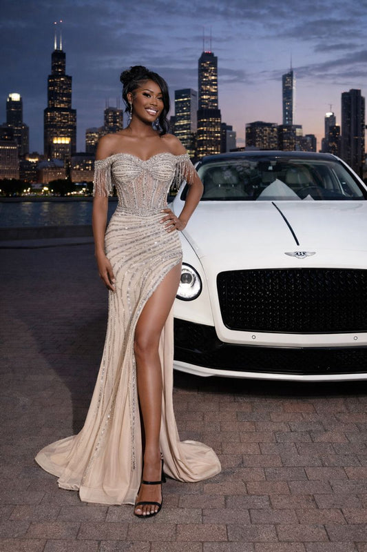 Embellished Off the Shoulder Prom Dress