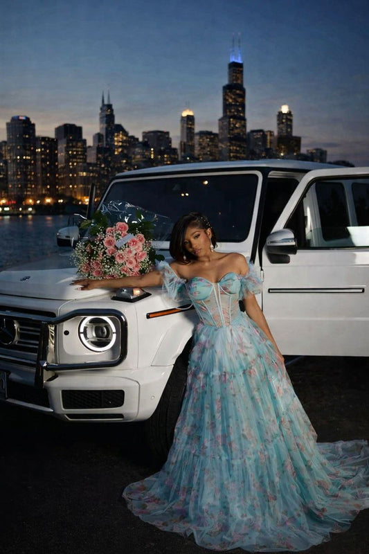 Blue Floral Ball Gown