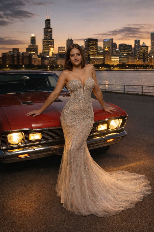 Lace Crystal Stud Prom Dress
