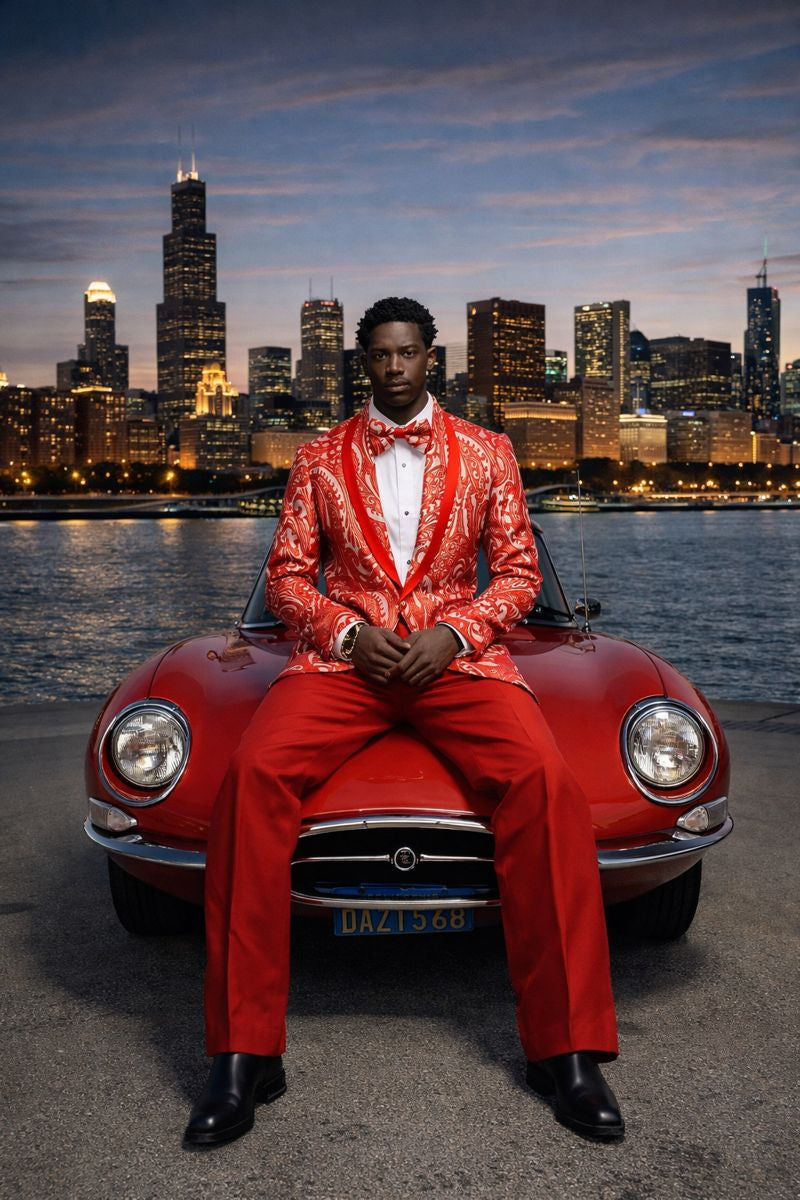 Red paisley prom tuxedo