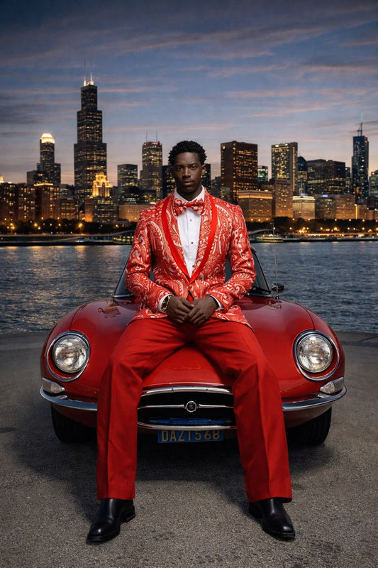 Red paisley prom tuxedo