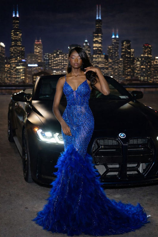 Fully Embellished & Feather Prom Dress