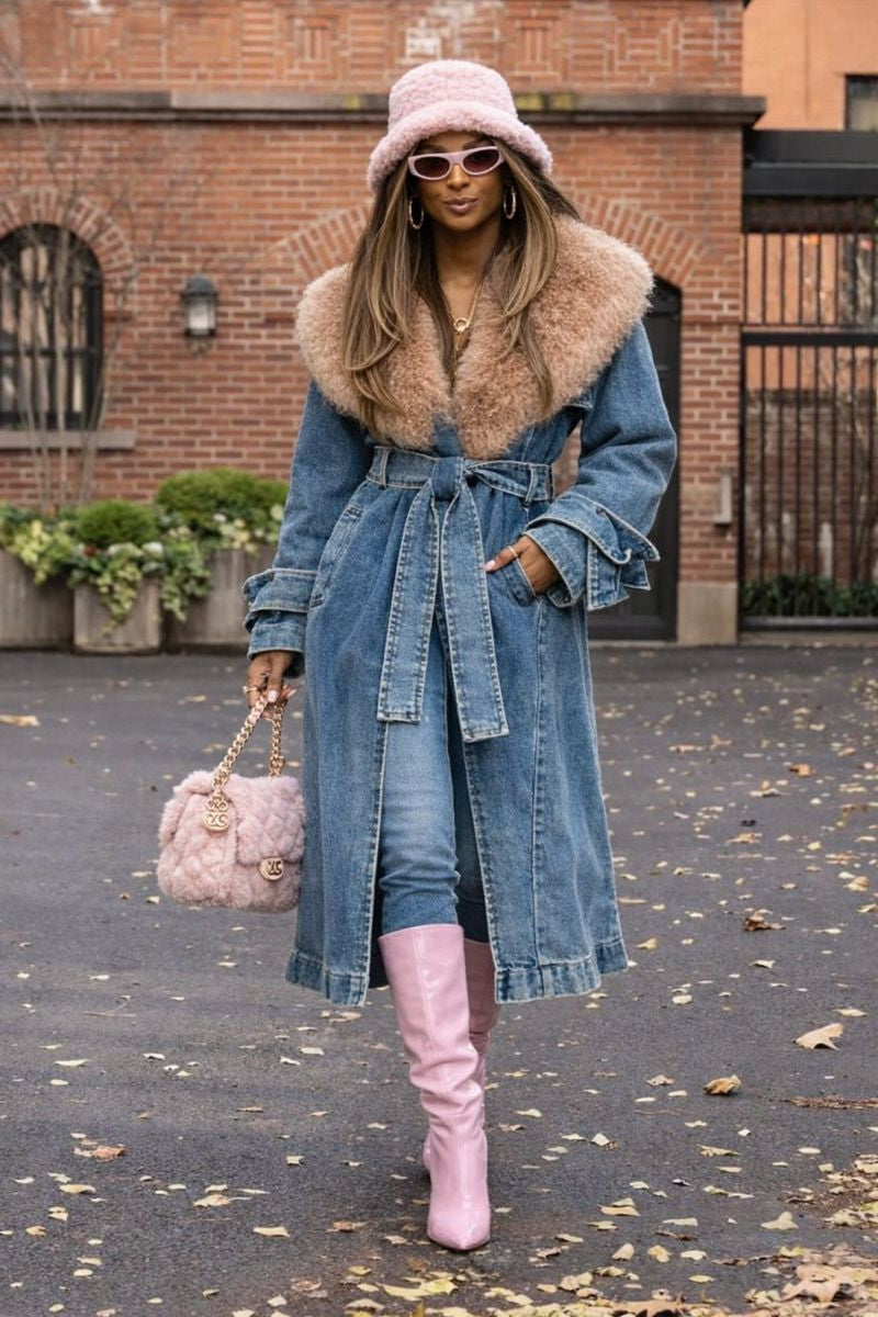 Fur Denim Trench Coat