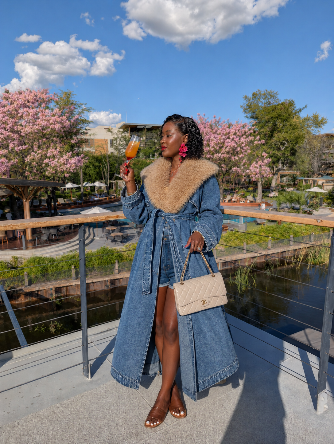 Fur Denim Trench Coat