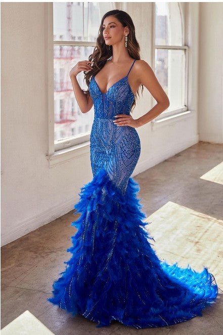 Fully Embellished & Feather Prom Dress