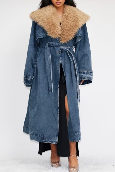 Fur Denim Trench Coat