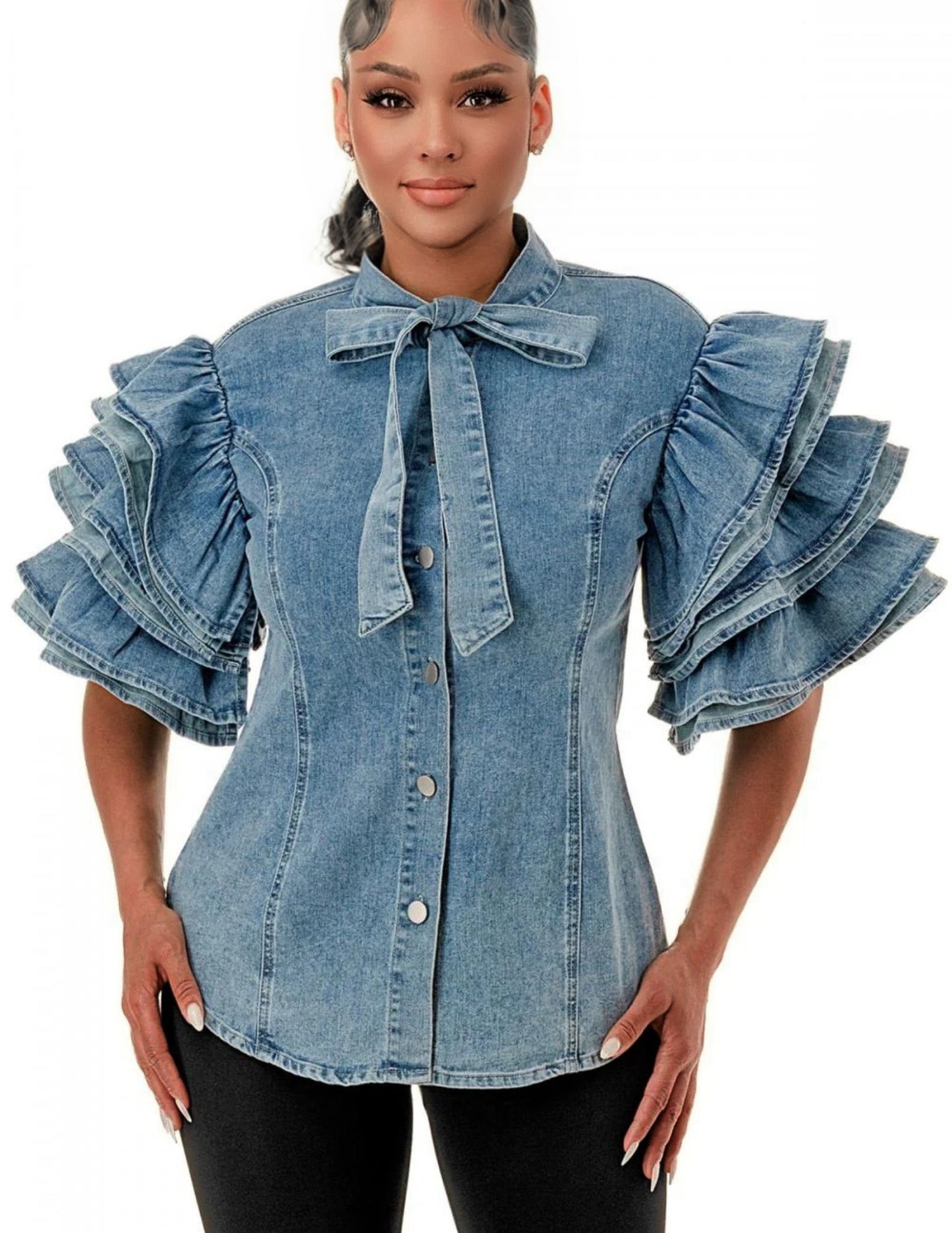 Joi Denim Ruffle Shirt