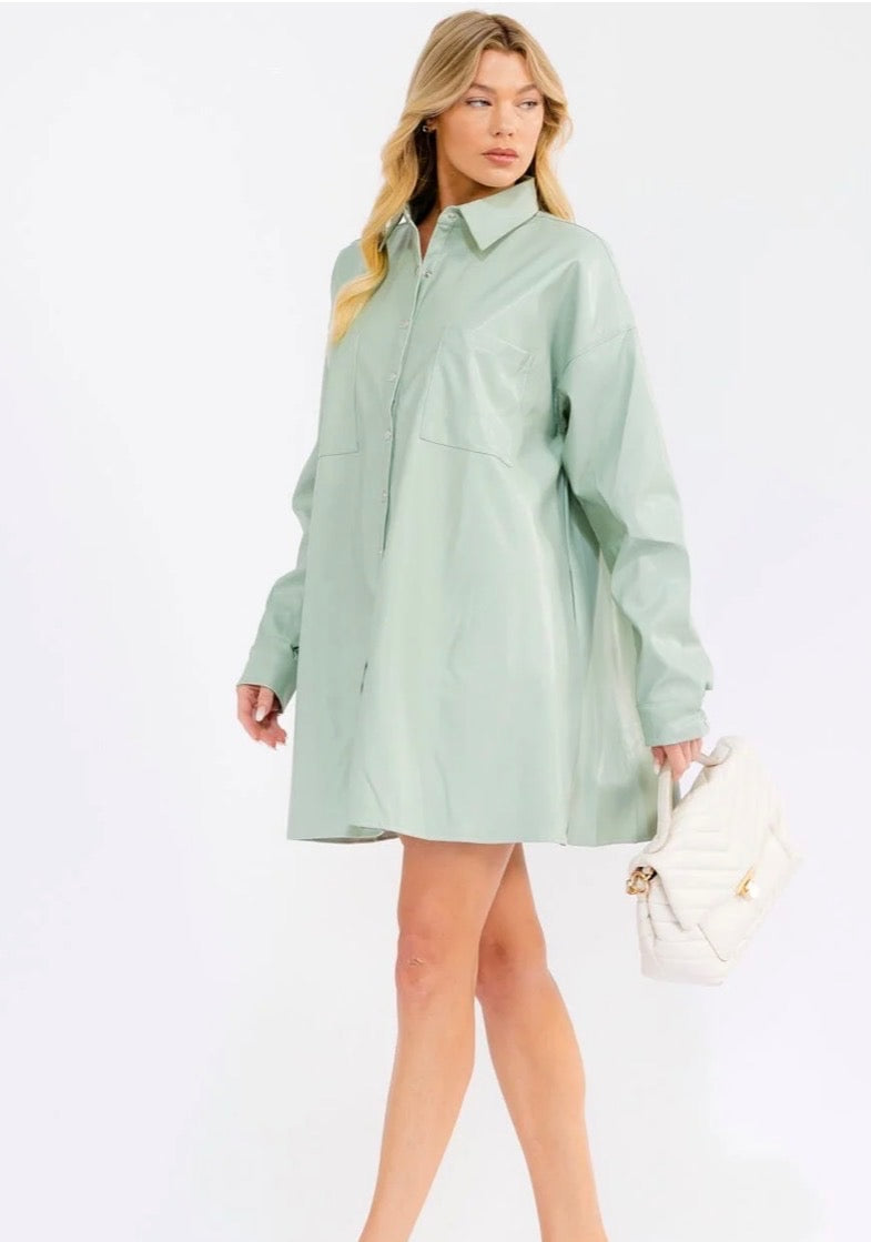 Mint Me Faux Leather Shirt Dress