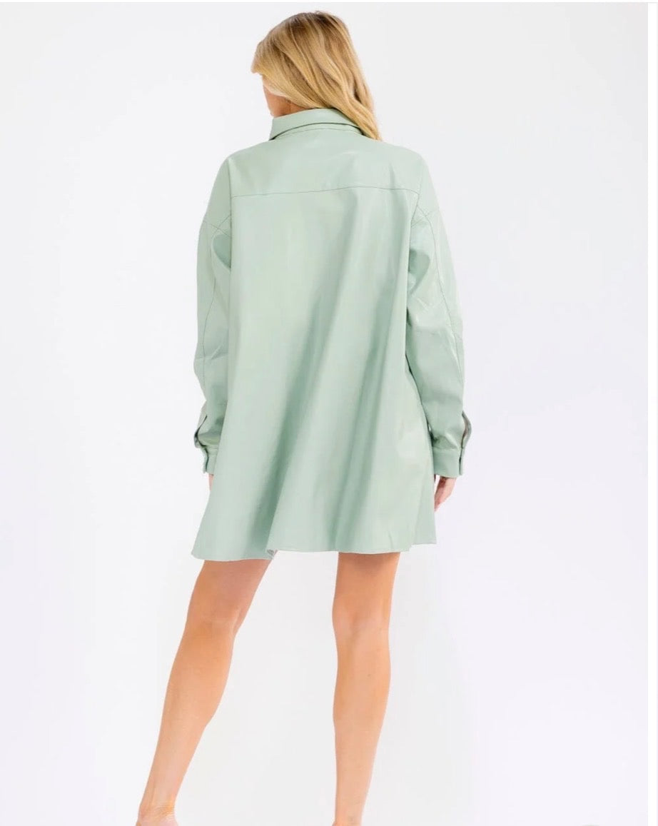 Mint Me Faux Leather Shirt Dress