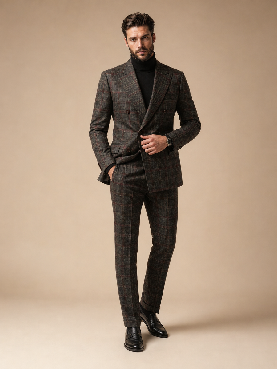Milano Charcoal & Red Plaid Suit