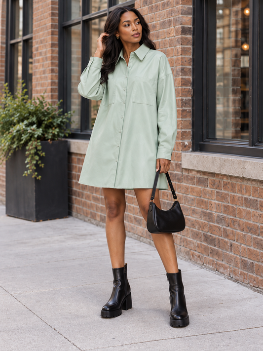 Mint Me Faux Leather Shirt Dress