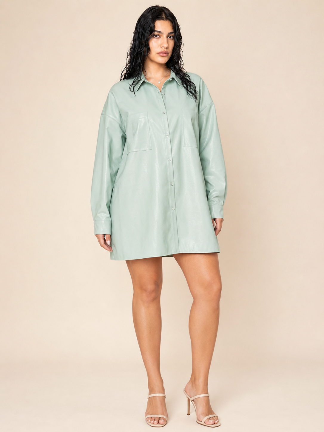 Mint Me Faux Leather Shirt Dress
