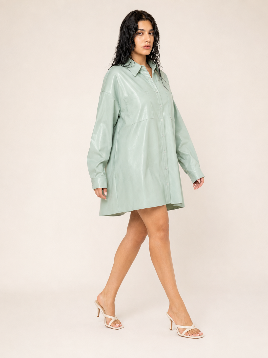 Mint Me Faux Leather Shirt Dress