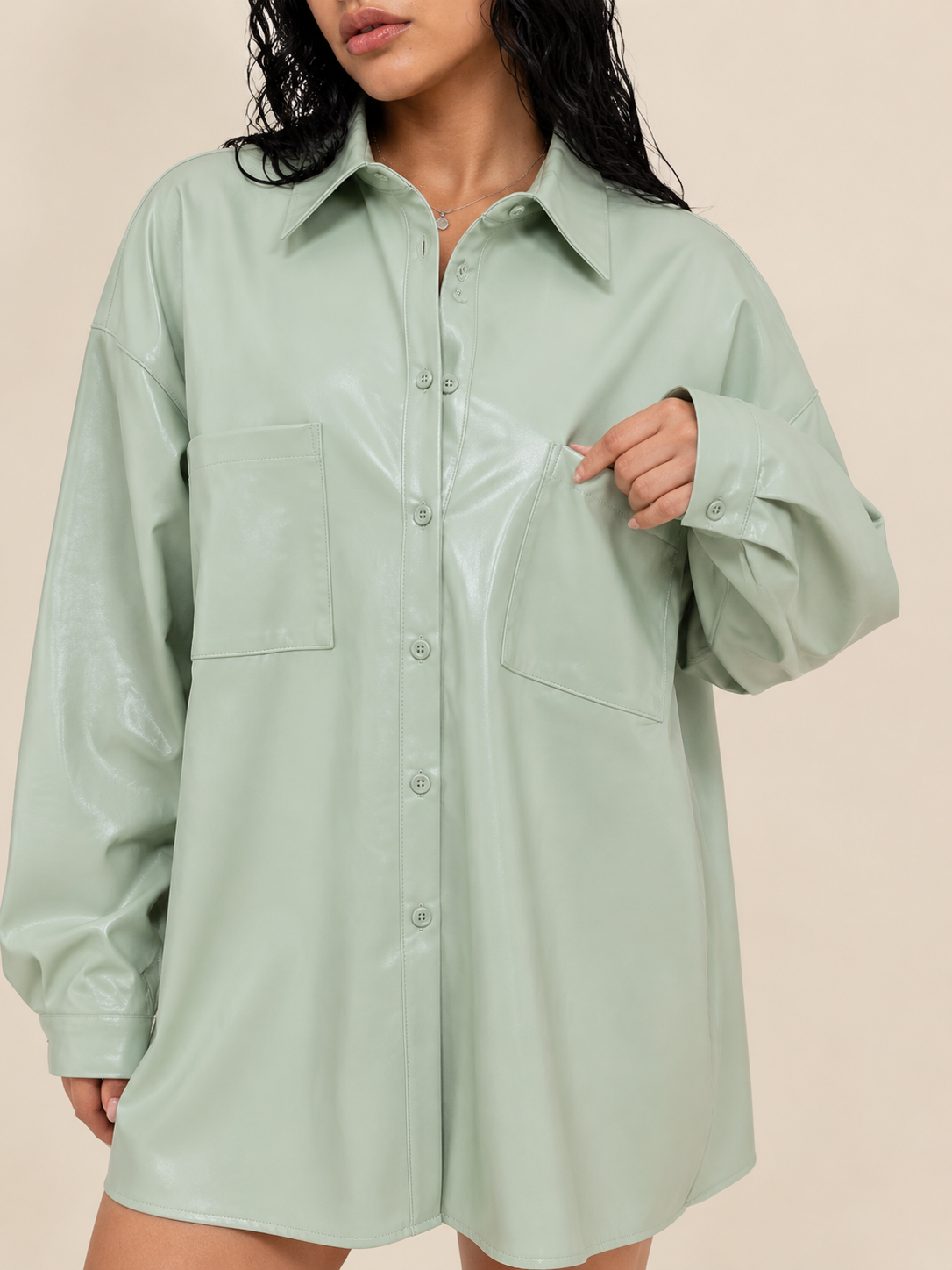 Mint Me Faux Leather Shirt Dress