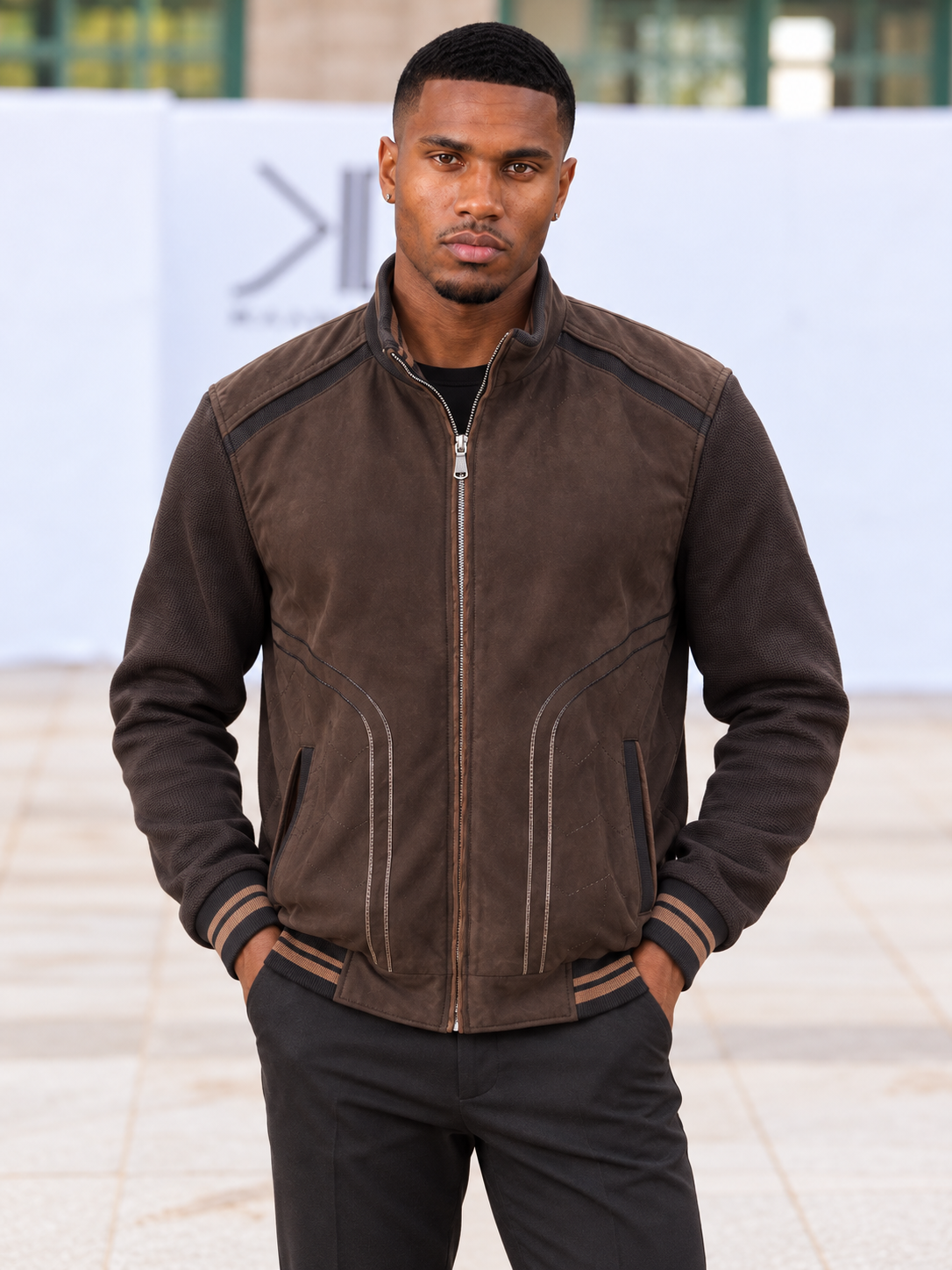 Downtown Men's Brown Contrast Knit Bomber Jacket