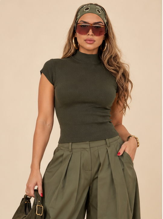 Olive ribbed mock neck short sleeve top worn by model, image 1