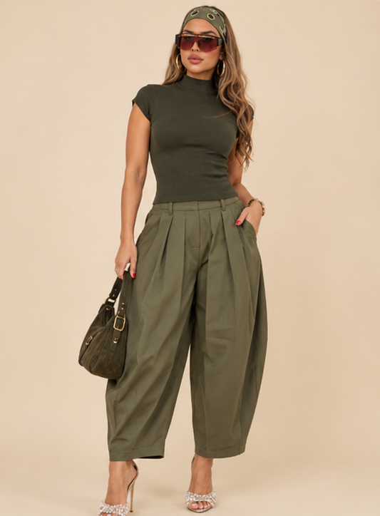 Olive ribbed mock neck short sleeve top worn by model, image 2