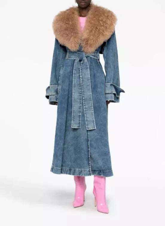 Fur Denim Trench Coat