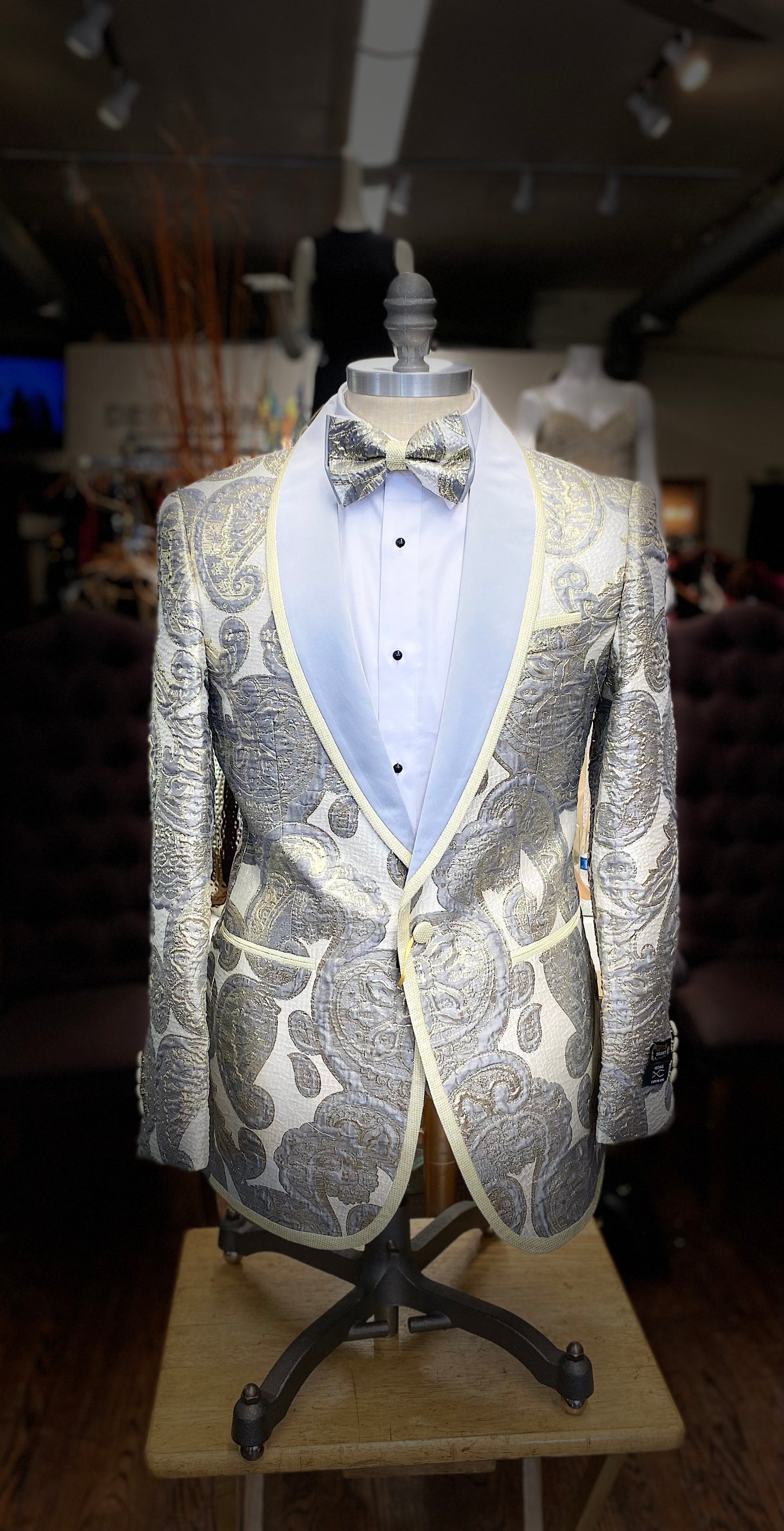 Grey and gold paisley prom tuxedo