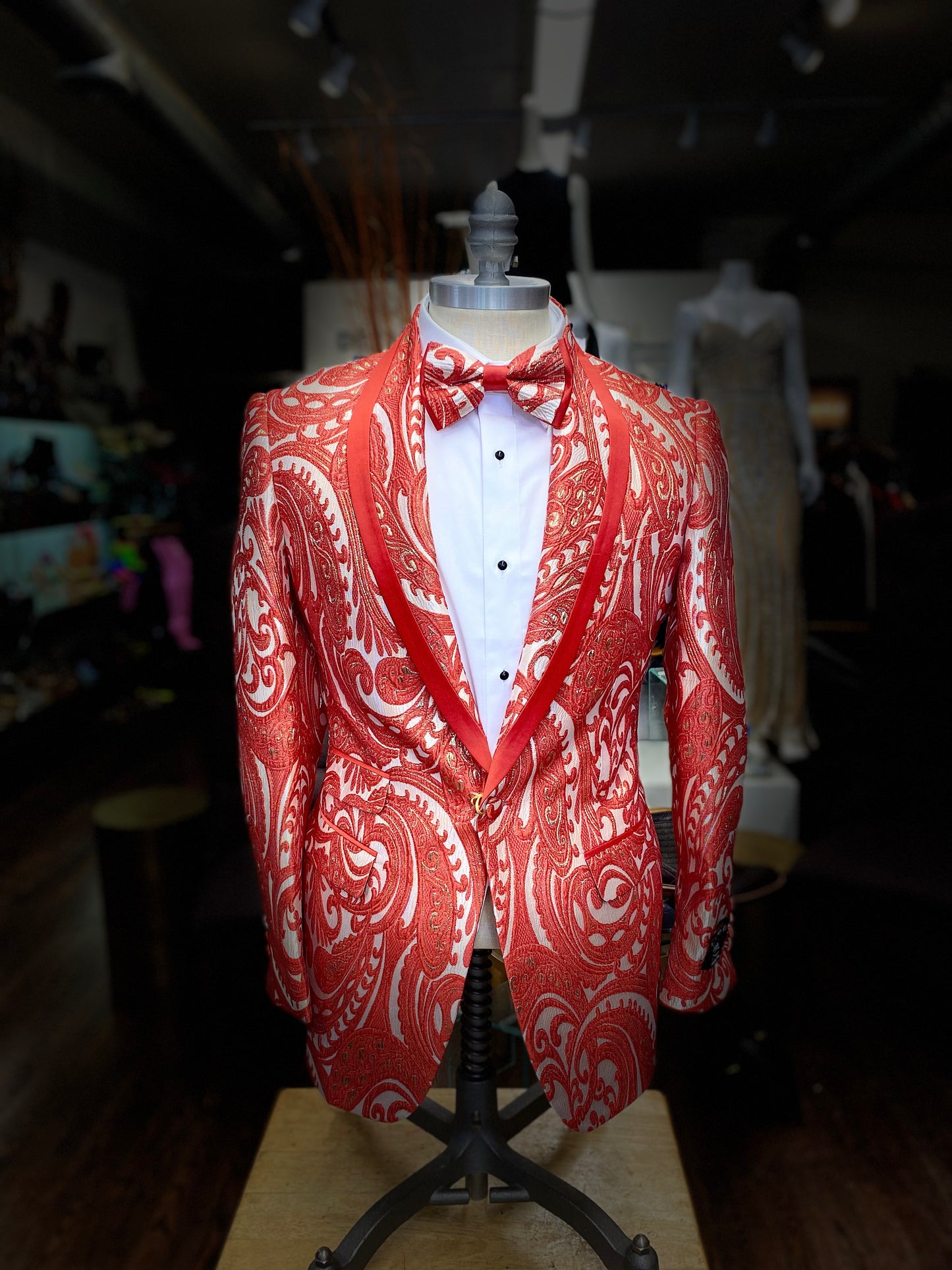 Red paisley prom tuxedo